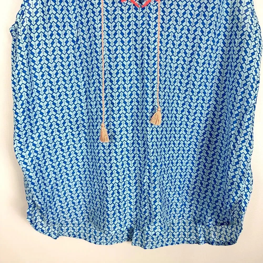 J.Crew Silk Blue Arrow Print Tassel Embroidered Sleeveless Tank top Size 8